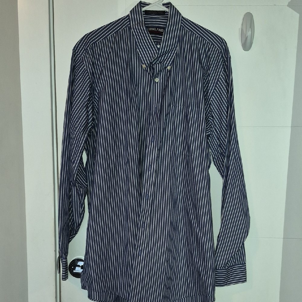 Kirkland Signature Navy and White Striped Button-Down Shirt